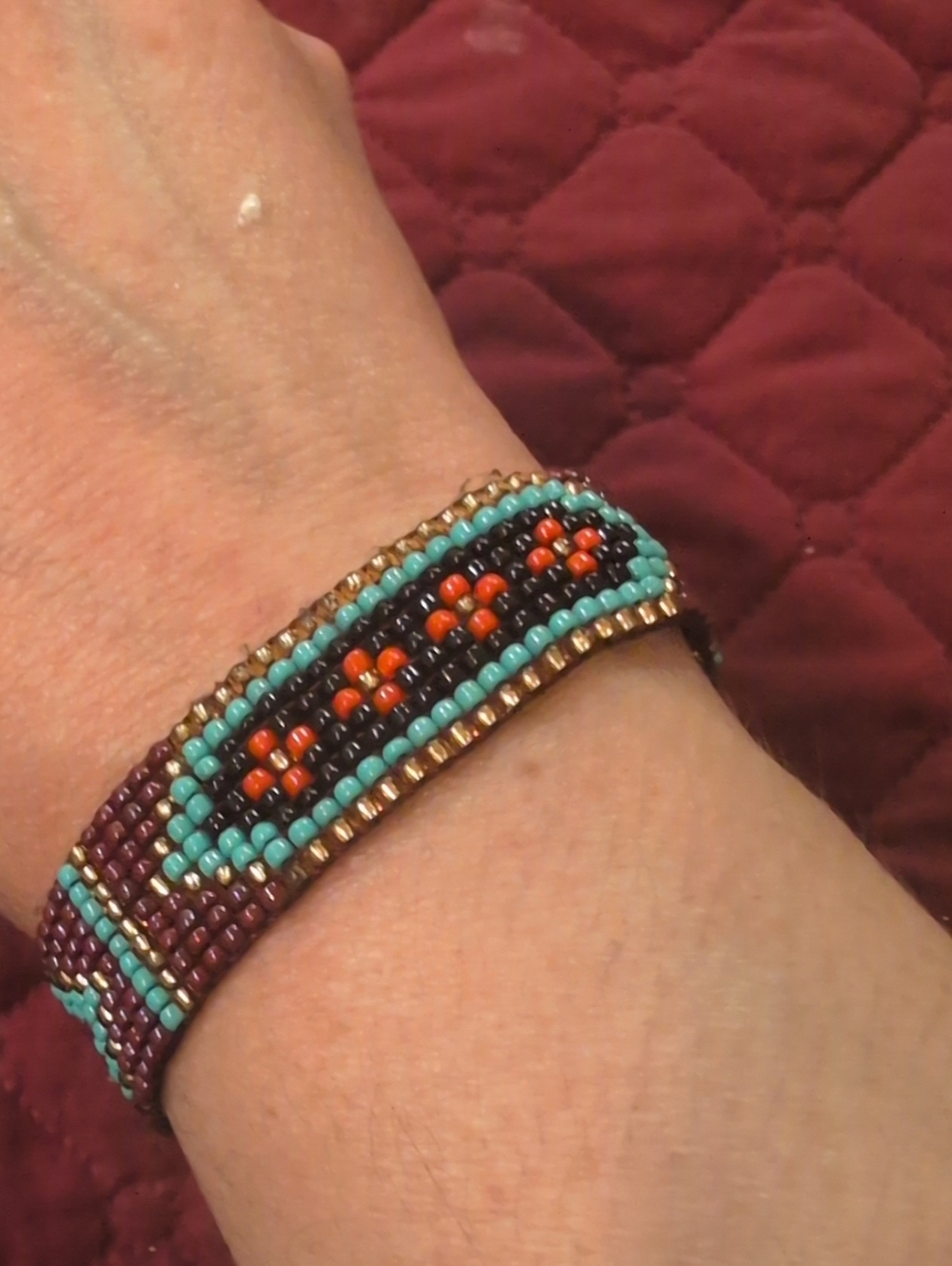 Handmade Beaded Bracelet - Turquoise, Orange & Gold Accent